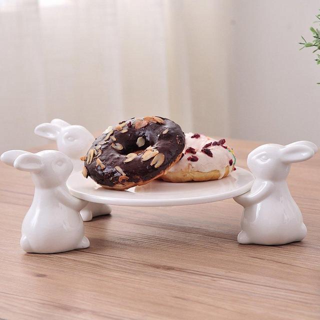 Bunny Rabbit Ceramic plate,Dishes for Dessert Food Server Tray,cute Cake Stand, Tableware Crafts gift for Kitchenware lovers,Wedding,mother's day (3 Rabbit)