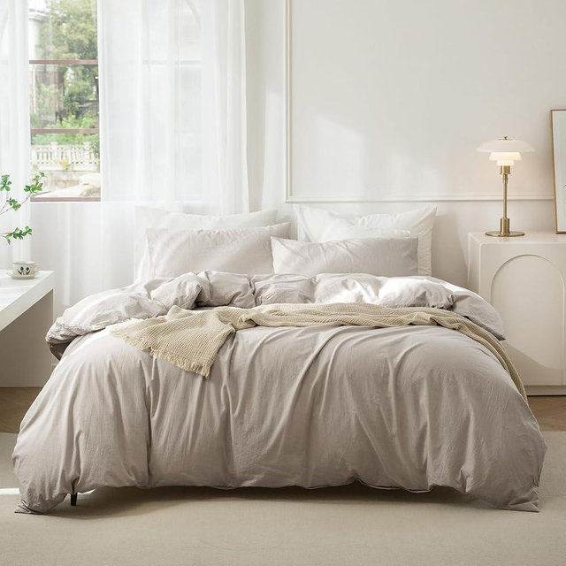 JIYUAN 100% Washed Cotton Duvet Cover Set Comfy Simple Style Soft Breathable Textured Durable Linen Feel Bedding for All Seasons Oversized Queen Size, Solid Tannish Linen Grey