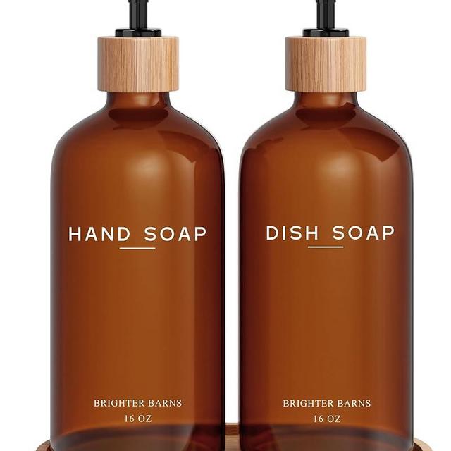 Amber Glass Hand and Dish Soap Dispenser Set by Brighter Barns - Kitchen Soap Dispenser Set with Tray - Bamboo Soap Dispenser for Kitchen Sink - Modern Kitchen Decor, Neutral Decor (Amber)