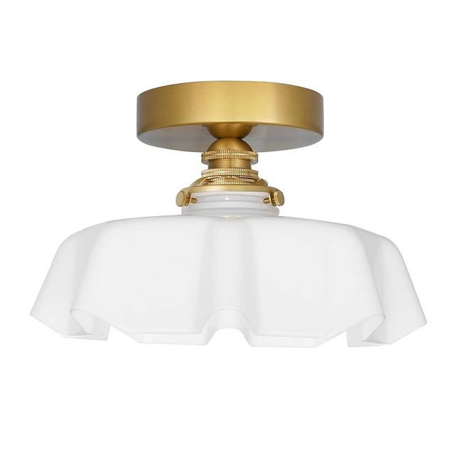 White Semi Flush Mount Ceiling Light, Brass Flush Mount Ceiling Light Vintage Flower Glass Light Fixtures, Farmhouse Overhead Lights for Ceilings, Closet Light for Kitchen Dinning Room Porch Entryway