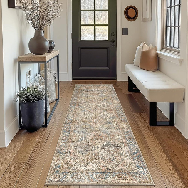 Bavni 2x5 Runner Rug Non Slip, Machine Washable Rug Runners for Hallways, Vintage Distressed Print Kitchen Runner, Low Pile Lightweight Carpet Runner for Entryway Laundry Bedroom Bathroom Wood Brown