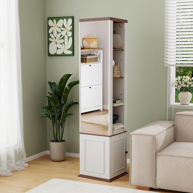 SUHYNIN 66" 360° Swivel Storage Cabinet, Sideboard Cabinets with Hd Mirror, Living Room Organizer with Multi-Shelves for Entryway Bathroom, Antique White