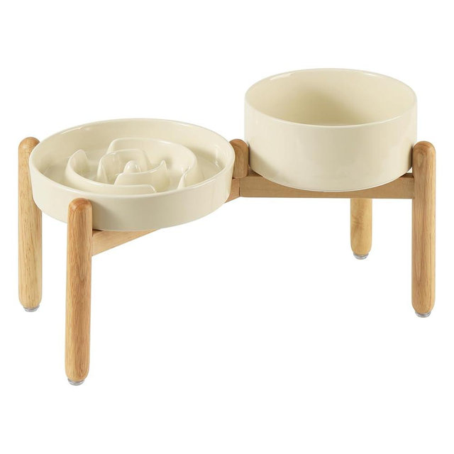 Havniva Ceramic Raised Slow Feeder Dog Bowl Set, Elevated 7.3inch Bowl and 8.2inch Puzzle Slow Dish with Wooden Stand for Medium and Large Dog, Anti-Gulping (2X Beige+ Stand)