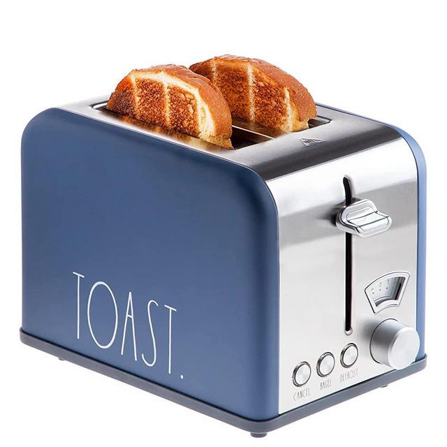 Rae Dunn Toaster, Stainless Steel 2 Slice Square Toaster, Wide Slot with 5 Browning Levels, with Bagel, Defrost and Cancel Options (Navy)