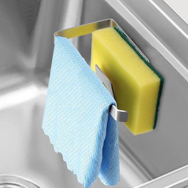 Taiqayia Sponge Holder for Kitchen Sink, Kitchen Sink Caddy, 2 in 1 Kitchen Sink Organizer Sponge Caddy, Adhesive Hanging, Suitable for Kitchen Brush, Dish Rag, Sponge, Gloves, 304 Stainless Steel