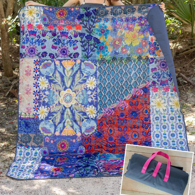 XL Water Resistant Picnic Blanket - Blue Patchwork