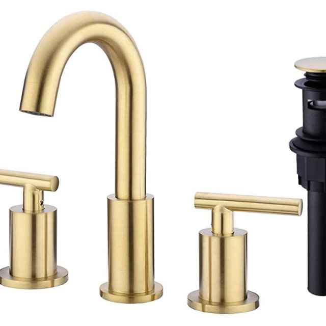 TRUSTMI 2 Handle 8 Inch Brass Bathroom Sink Faucet 3 Hole Widespread with Valve and cUPC Water Supply Hoses, with Overflow Pop Up Drain Assembly, Brushed Gold