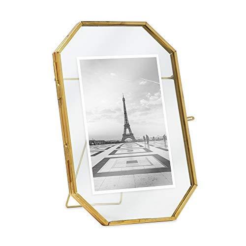 Isaac Jacobs 4x6 Vintage Style Octagon Brass & Glass, Metal Floating Picture Frame with Locket Closure (Vertical), Made for Tabletop Display, (Fits up to a cutout 4” x 6” - See images for other sizes)