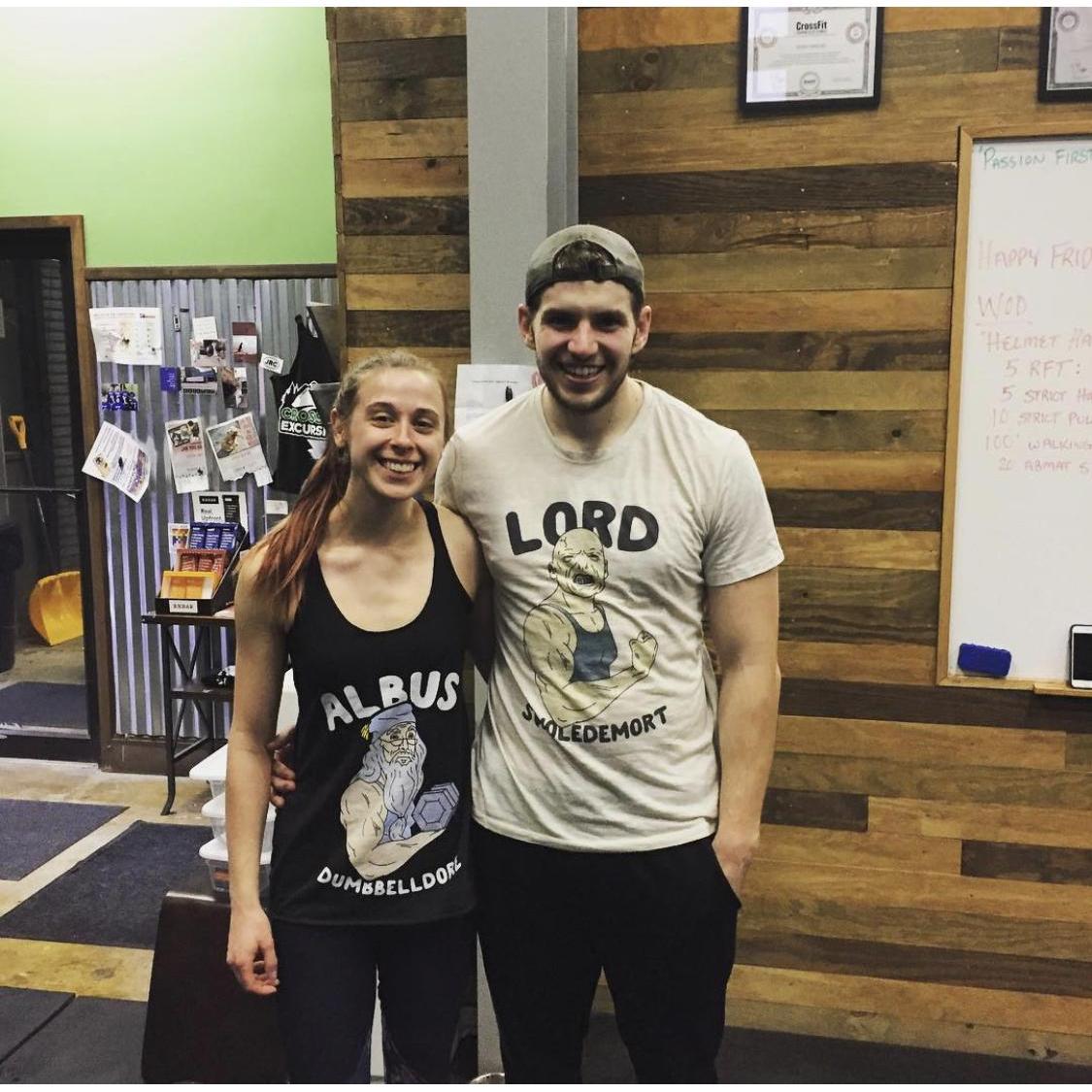 Post-CrossFit in our coordinating Harry Potter shirts that combine our affinity for fitness with our nerdiness.