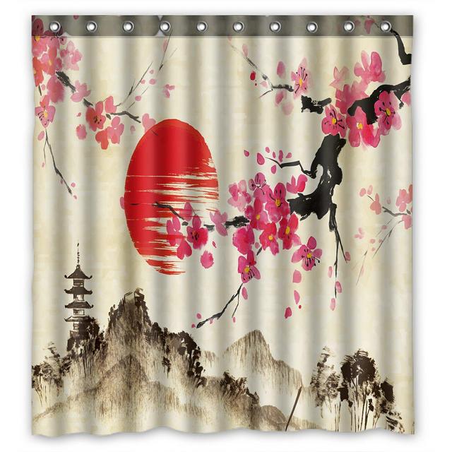 PHFZK Landscape Shower Curtain, Japanese Sakura Cherry Blossom Moon Polyester Fabric Bathroom Shower Curtain 66x72 inches