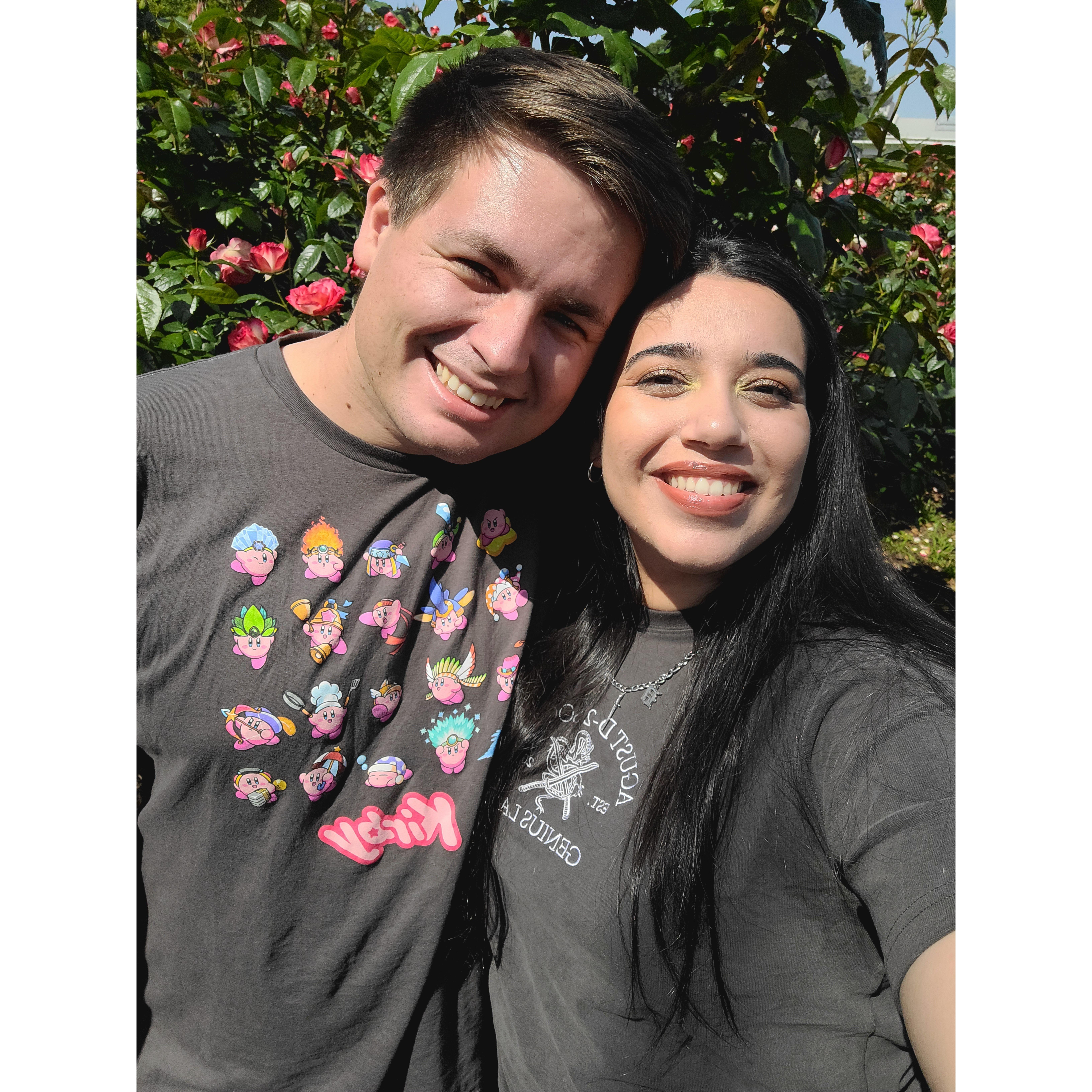 Stopping to smell the roses at the Natural History Museum in Los Angeles.