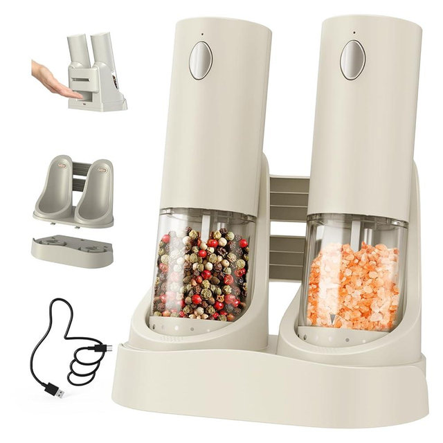 CIRCLE JOY Electric Salt and Pepper Grinder Set Automatic Salt and Pepper Grinder Set with Easy-to-Carry Charging Base and LED Light, USB Rechargeable, External Adjustable Coarseness, Off White