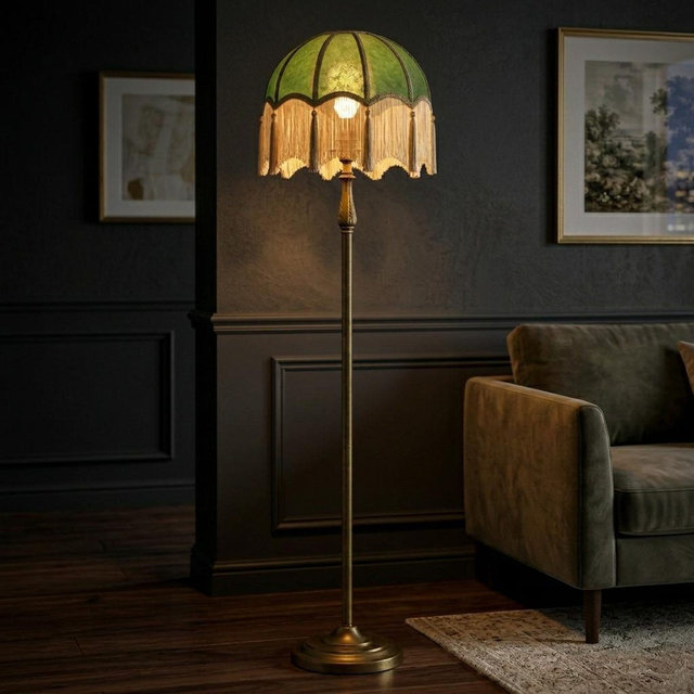 Green Velvet Floor Lamp – Gold Accent Vintage Lighting – Classic Umbrella Shade