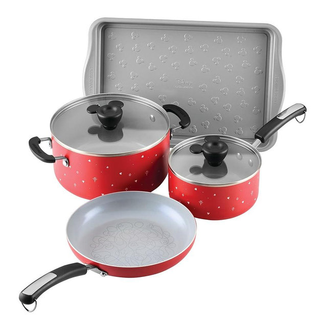 Farberware Disney Bon Voyage Ceramic Nonstick Pots and Pans Set with Baking Sheet/Cookie Pan and Disney Home Kitchen Tools, 8 Piece Non Stick Cookware Set - Red