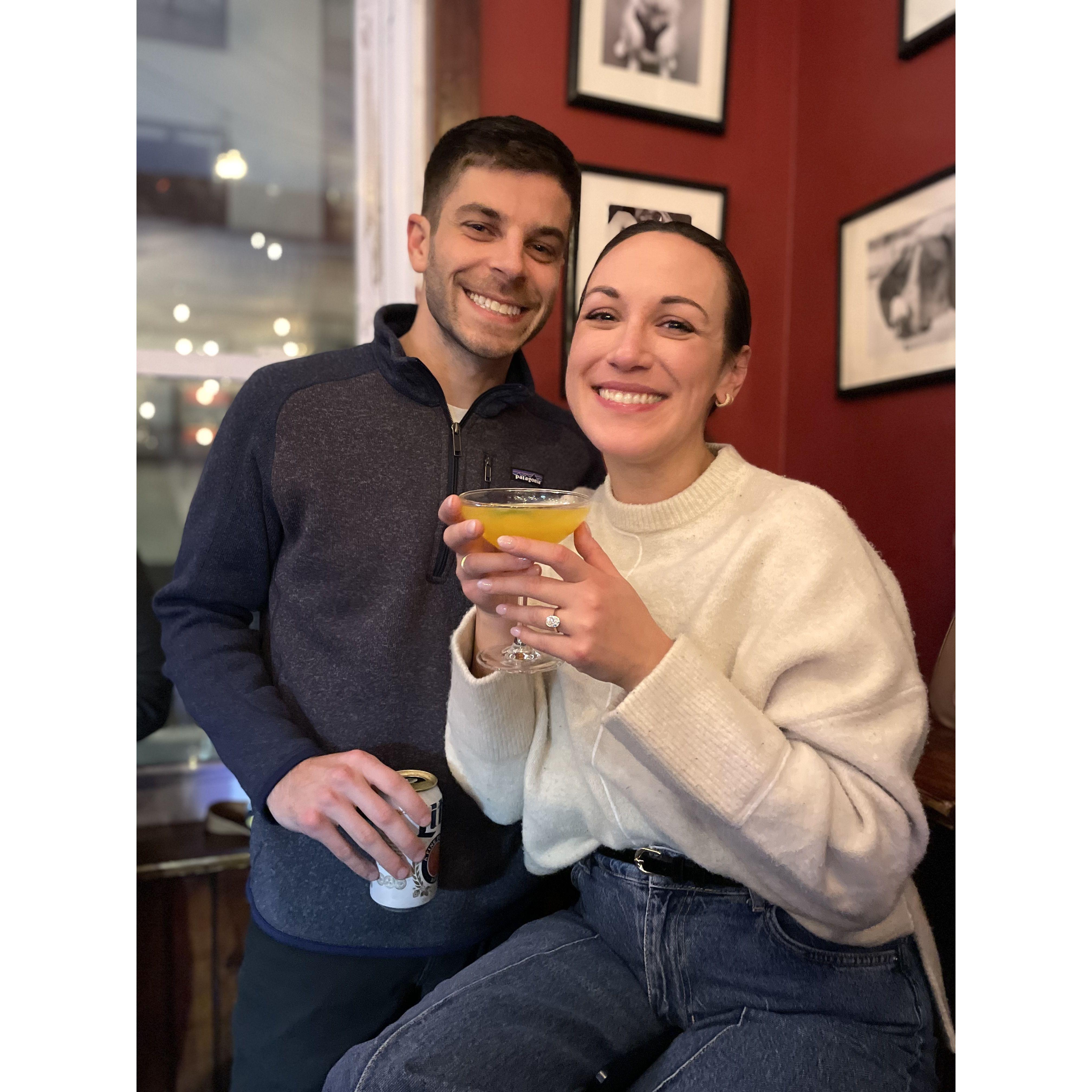 Celebrating our engagement at Good Dog Bar in Philadelphia
