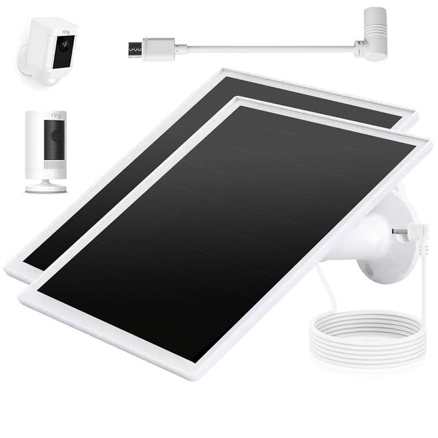 Ring Camera Solar Panel, 5W Solar Charger Compatible with Rings Spotlight Plus/Pro, Stick Up Outdoor Cam Battery, 10ft Long Cable with Ring Barrel Plug to USB-C Adapter (White-2Pack)