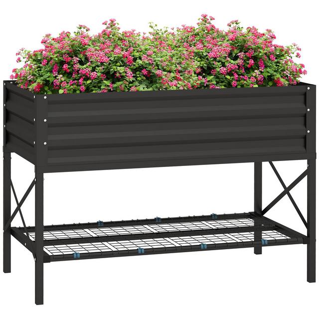 Outsunny Galvanized Raised Garden Bed, Metal Planter Box with Legs, Storage Shelf and Bed Liner, Black