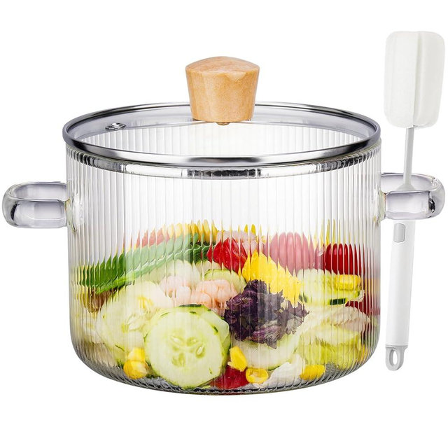 NiHome 61OZ/1.8L Small Glass Simmer Pot for Stove-Top Clear Borosilicate Glass Cooking Pot with Wooden Lid Handle & Brush, Glass Saucepan for Slow Simmer, Microwave, Dishwasher-Safe
