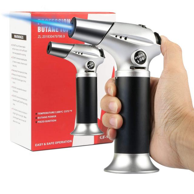 Blow Torch, Professional Kitchen Cooking Torch with Safety Lock Adjustable Flame Refillable Mini Blow Torch Lighter for Crafts Cooking BBQ Baking Brulee Creme DIY Soldering(Butane Gas Not Included)