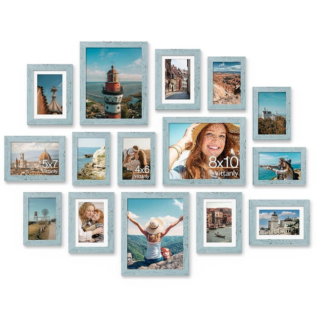 Vittanly 15 Pack Picture Frames Collage Wall Decor for Mounting or Tabletop Display, Gallery Frame Set for Family, Multi Sizes Including 3pcs 8x10, 6pcs 5x7, 6pcs 4x6, Rustic Blue