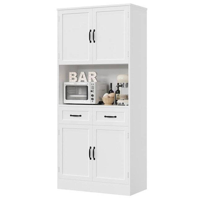 HOSTACK 71“ Tall Kitchen Pantry Storage Cabinet, Modern Kitchen Hutch Bar Cabinet with Microwave Stand, Wood Buffet Sideboard with Hutch, Cupboard with Drawers, Shelves for Dining Room, White