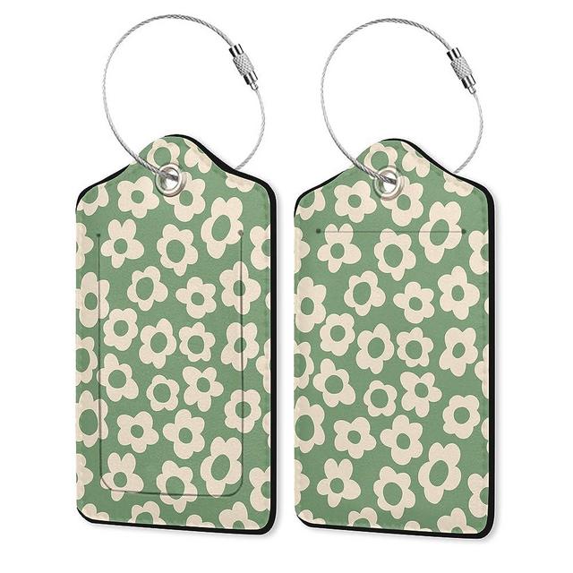 Leather Luggage Tags for Adults Teens,2 Pack Vintage Groovy Flowers Travel Bag Suitcase Labels with Stainless Steel Loop ID Tags Card Baggage Bag Label