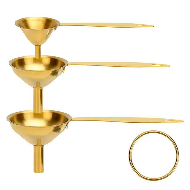 Raings Small Funnels for Filling Bottles, Upgrade Long Handle Design Stainless Steel Metal Kitchen Funnel Set of 3, Food Grade Mini Funnel, Easy to Clean Essentail Oil, Spices, Flask Funnel (Gold)