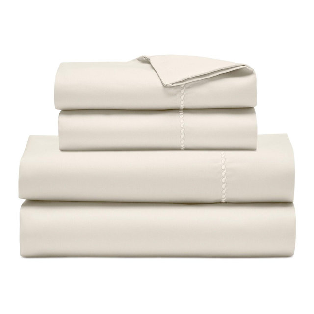 600 Thread Count Cotton Blend Sheet Set with Embroidered Hem - Wrinkle-Resistant, Deep Pocket Bedding , Ivory - Blue Nile Mills