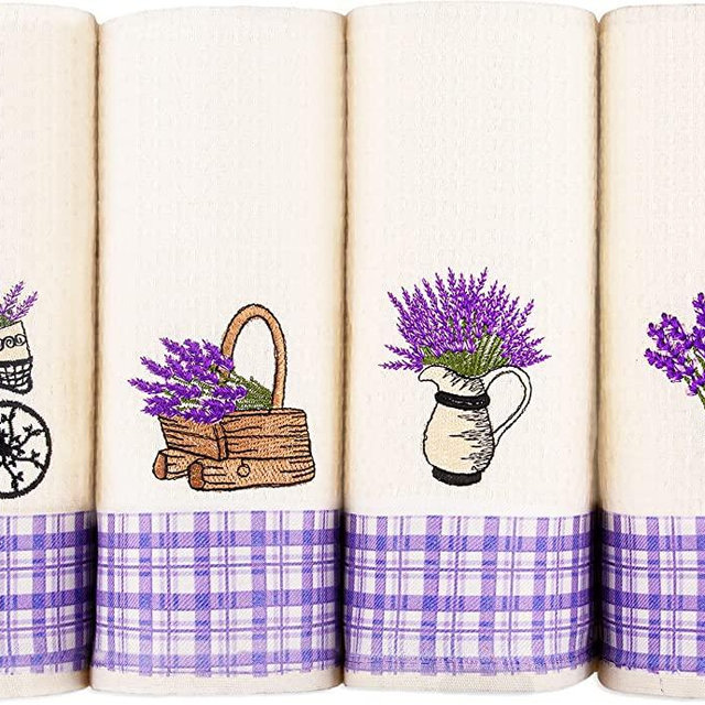 Lavien Home, Dish Towels for Kitchen Lavender Embroidery Super Absorbent and Soft Turkish Cotton Waffle Weave (Set of 4), Boho Farmhouse Decor with Plaid 16 x 23 inches