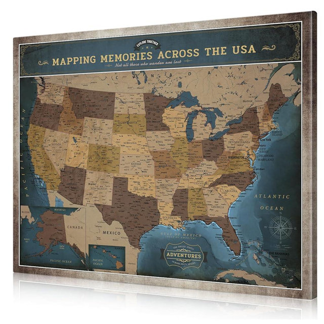 DECORARTS - USA Push Pin Travel Map, Vintage Explorer-Style Canvas Wall Art in Blue, Archival Giclee Print, Hand-Stretched Canvas, Living Room & Office Wall Decor, for Travelers, Made in USA, 20x16''