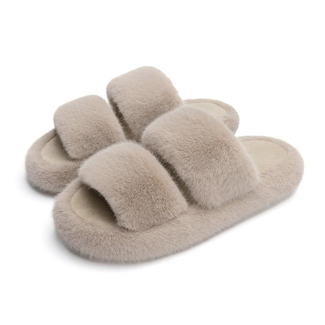 Chantomoo Women's Memory Foam Fuzzy Comfy Faux Fur House Shoes - Furry Bedroom Indoor Open Toe Slippers with Two Bands - Trendy Gift Slippers