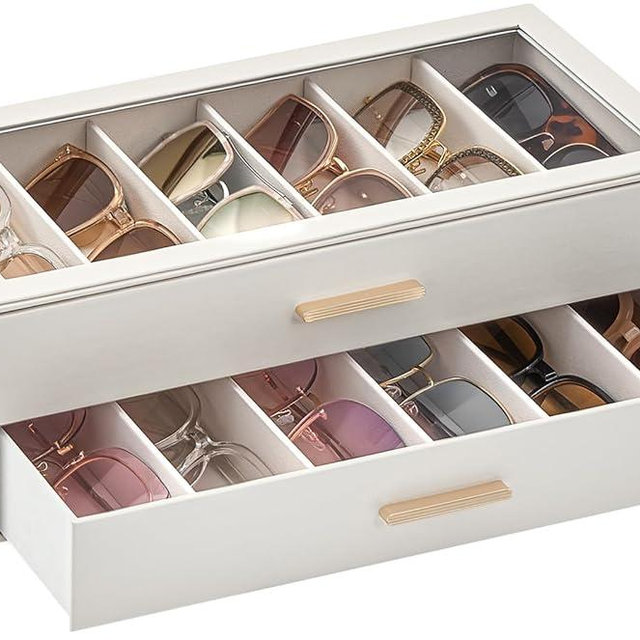 Lolalet Beige Sunglasses Storage Box for Women, Eyewear Eye Glass Organizer with Clear Top Lid Display Holder Case
