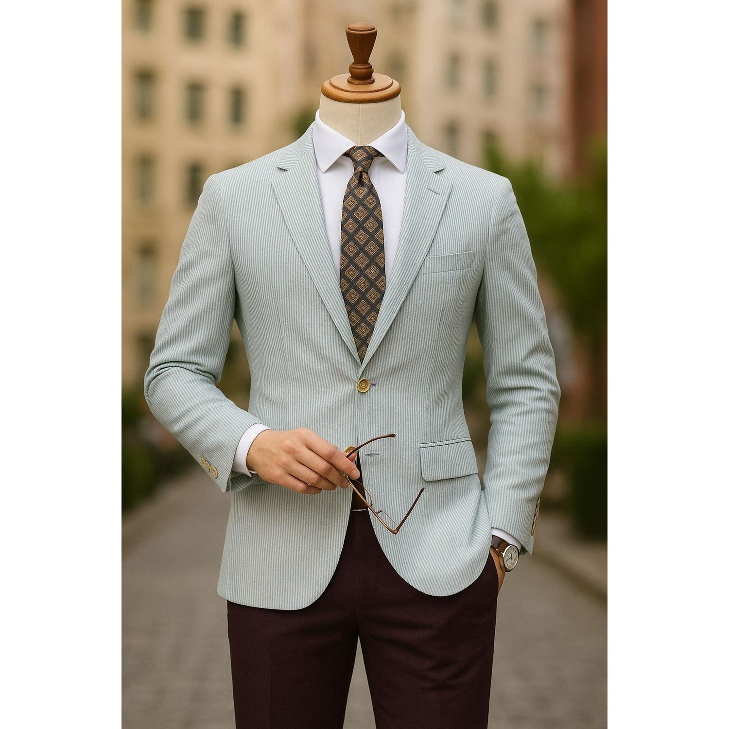 Simple & patterned. Add some pattern into your jacket AND tie! Add some color in your pants.
