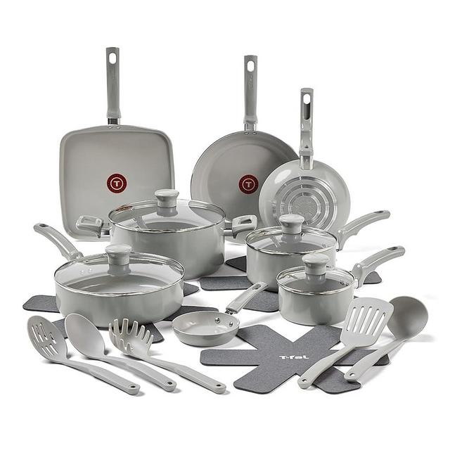 T-fal Ceramic Refresh, Ceramic Nonstick Cookware Set 20 Piece, Oven Broiler Safe 350F, Kitchen Cooking Set w/Egg Pan, Fry Pans, Saucepans, Griddle, Suate Pan, Kitchen Utensils, Pots, Pans, Moon Grey