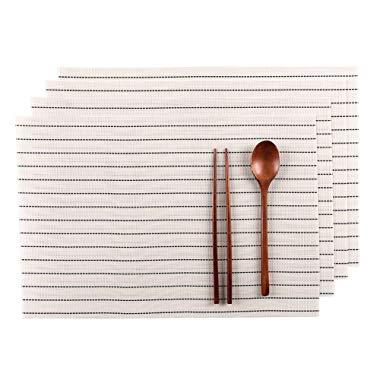 Florica Placemats Set of 4, Linen PVC Waterproof Insulation Mat for Dining Table, Heat-Resistant Placemats 12 x 18 inch (White and Black Lines)