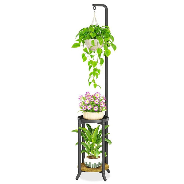 iDavosic.ly 2 Tier Plant Stand Indoor with Hanging Hoop, Tall Vertical Corner Metal Flower Heavy Duty Pot Holder Shelf for Patio Porch Living Room, Modern Black & Rustic Brown
