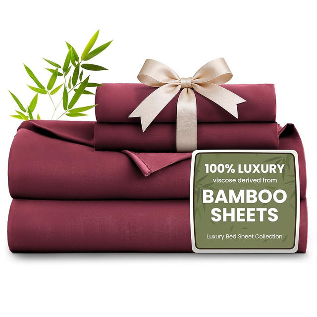 Love's cabin 4 Piece Queen Sheet Set, 100% Rayon Derived from Bamboo, Cooling & Breathable, Soft Silky Deep Pocket up to 16", Hotel Luxury Bedding for Hot Sleepers, Burgundy