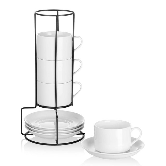 Meichu 8oz Porcelain Stackable Cappuccino Cups with Saucers and Metal Stand Set of 4, Cappuccino Cups Set of 4, White Coffee Cups for Espresso, Specialty Coffee Drinks, Latte, Americano and Tea
