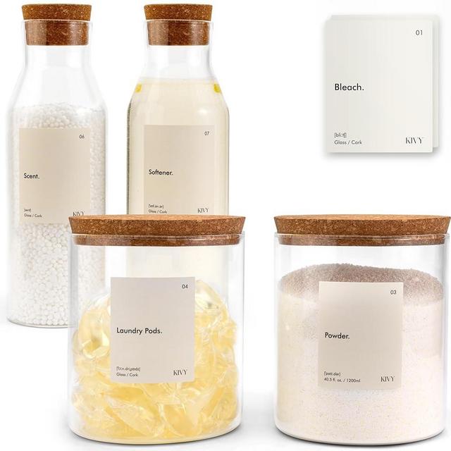 KIVY Glass Detergent Dispenser Container (2x 40oz + 2x 64oz) Glass jars for Laundry Room Organization Decor - Laundry soap dispenser for liquid detergent dispenser - Softener dispenser glass jar