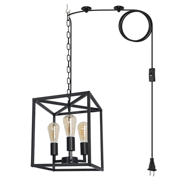 Farmhouse Industrial Plug in Pendant Light with 16.9ft Cord, Black Small Square Chandelier Hanging for Kitchen Island, Entryway, Dinning Room (3-Light)