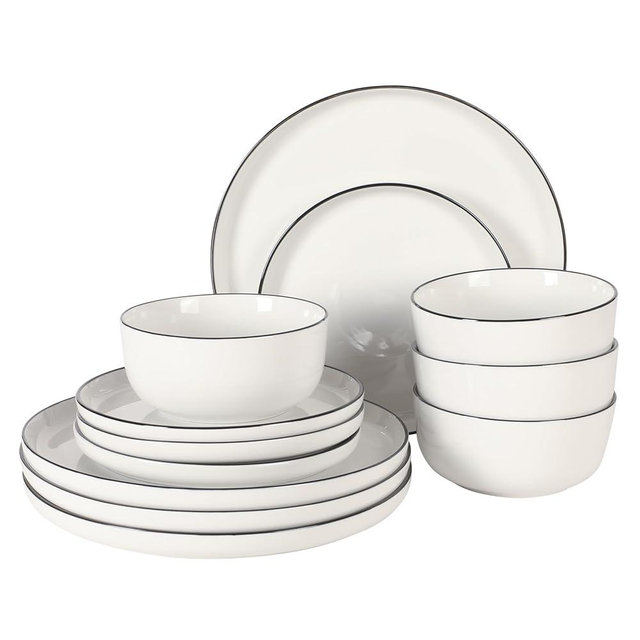 Gibson Home Oslo 12-Piece Porcelain Dinnerware Set – Dinner Plates, Salad Plates & Bowls, Classic White With Black Rim Everyday Dish Set for Home, Kitchen, Microwave & Dishwasher Safe