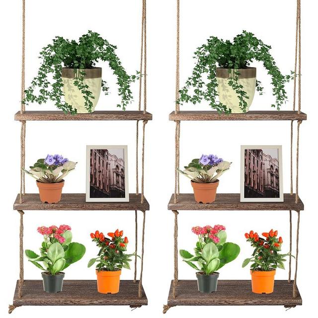Nuanchu 2 Pieces Decorative Wall Hanging Shelves Window Shelf for Plants 3 Tier Distressed Rustic Home Decor Wood Rope Shelf Floating Indoor Wall Swing Hanging Plant Shelves for Living Room Bathroom