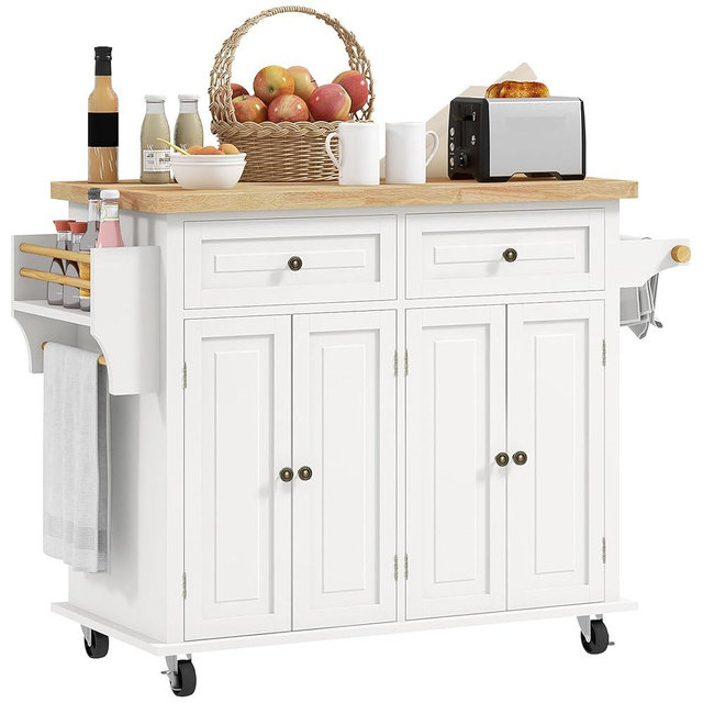 HOMCOM Kitchen Island Cart with Rubber Wood Top, Rolling Kitchen Island Table on Wheels with Drawers, Adjustable Shelves, Spice Rack and Towel Rack for Dining Room, Cream White