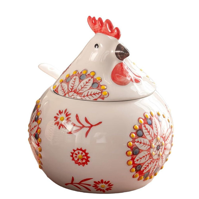Frezonika Ceramic Salt Cellar with Lid and Spoon, 13 OZ Large Chicken Salt Jar, Salt Holder for Counter, Coffee, Sugar, Spices and Candies, Salt Containers for Countertop (Red)