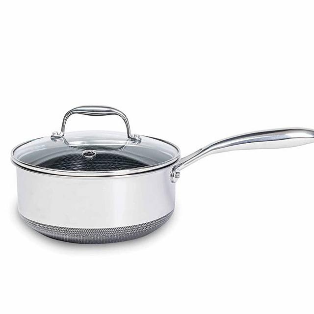 HexClad Nonstick 2 Quart Hybrid Pot Saucepan with Glass Lid - Easy to Clean, Dishwasher & Oven Safe - Ideal for Making Sauces, Reheating Soups, Stocks, and Cooking Grains
