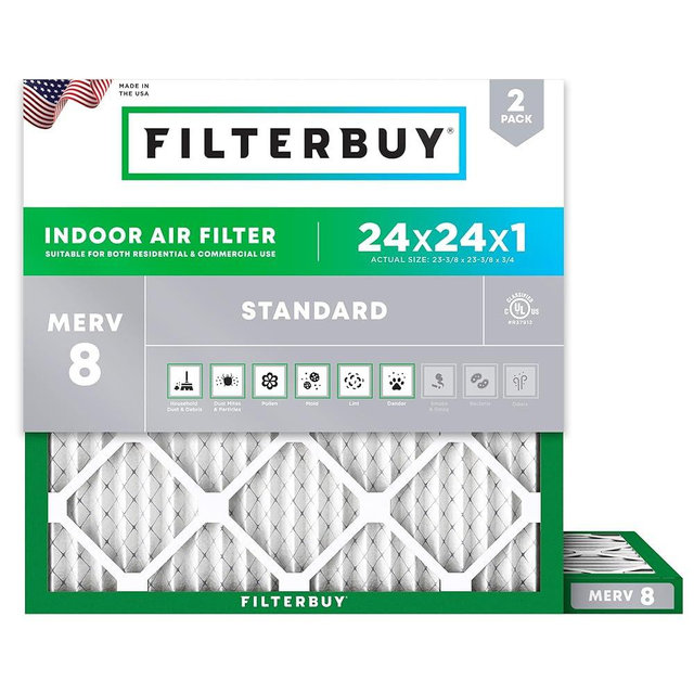 Filterbuy 24x24x1 Air Filter MERV 8 Essential Dust & Allergy Defense (2-Pack), Electrostatic Pleated HVAC AC Furnace Filters Replacement (Actual Size: 23.38 x 23.38 x 0.75)