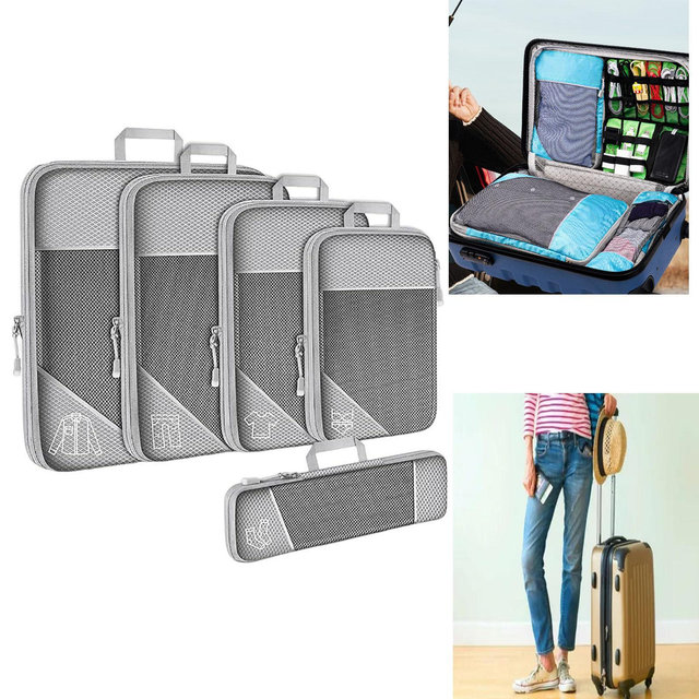 5 Pcs Expandable Compression Packing Cubes,Lightweight Compressible Travel Organizer,Mesh Packing Cubes With Double Zipper and Handle for Travel
