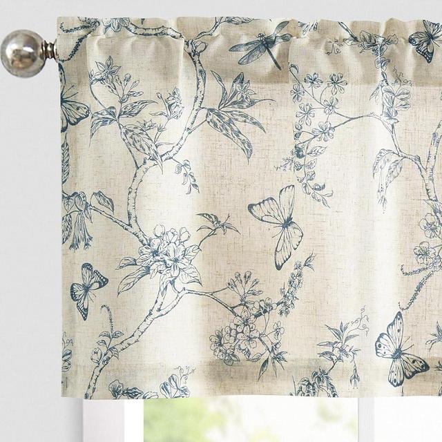 Lazzzy Blue Floral Kitchen Valance Curtain Linen Farmhouse Valance for Living Room Bathroom Bedroom Country Valances Small Window Cafe Curtain Treatments 16 Inch Rod Pocket 1 Panel, Blue on Beige