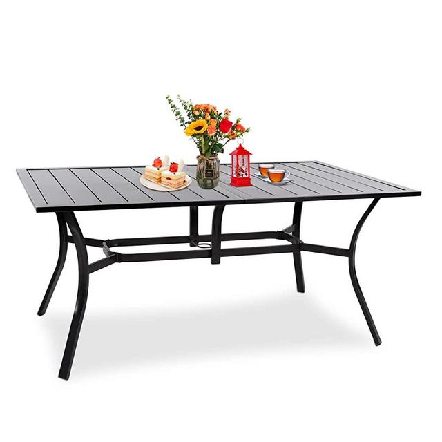 MEOOEM Patio Dining Table for 6 Person 63 Inch Outdoor Metal Large Rectangle Table with 1.57 Inch Umbrella Hole for Garden Deck Poolside, Blcak