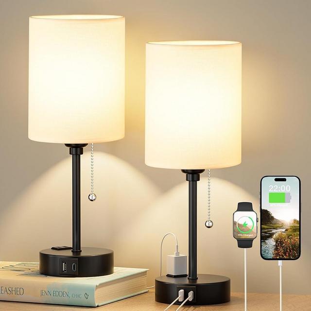 Bedside Table lamp for Bedroom Set of 2 - 3 Color Temperatures Small Lamps with USB C and A Ports, Pull Chain Table Lamps with AC Outlet, White Nightstand Lamps with Black Metal Base for Kids Reading